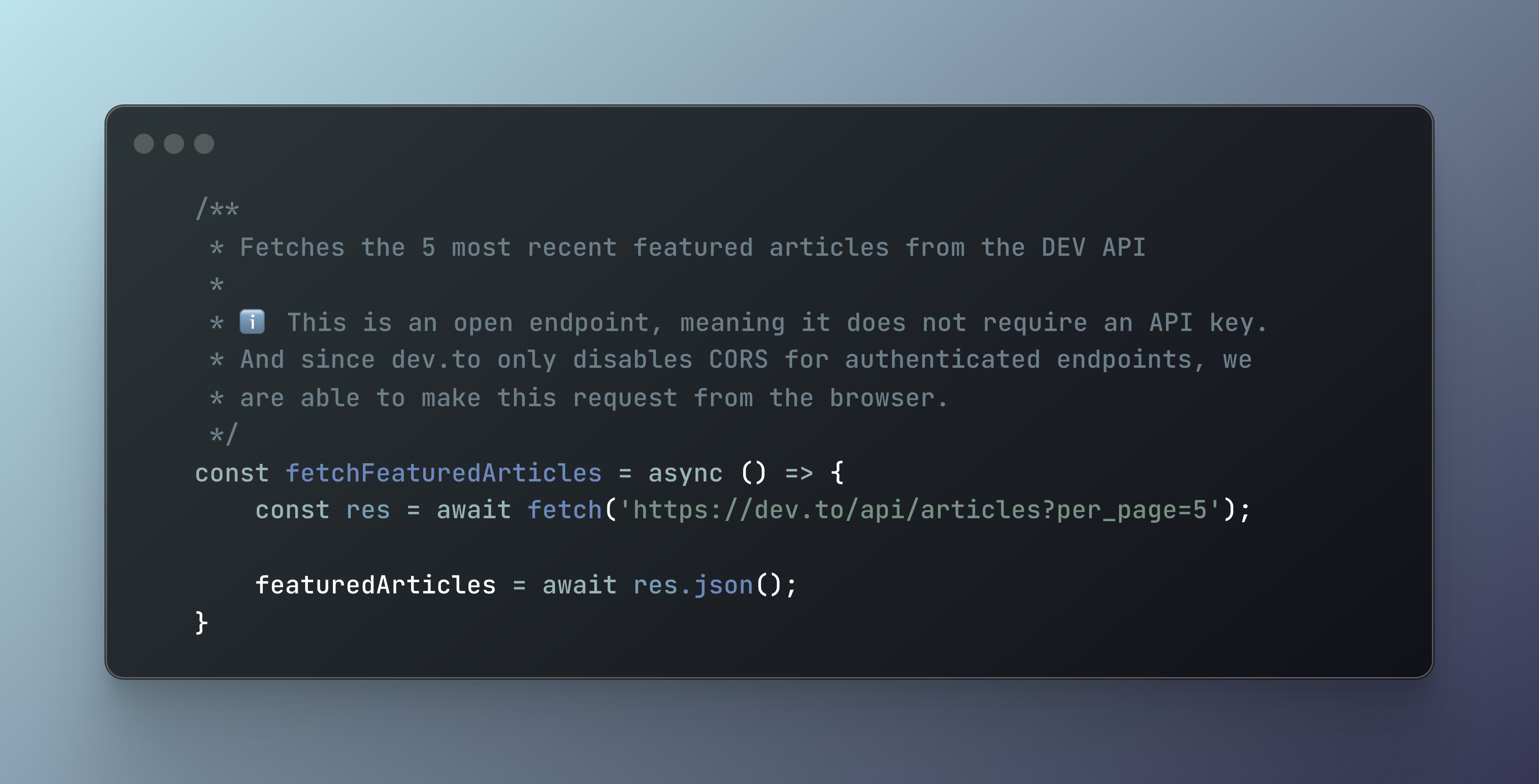 Code snippet showing how to fetch articles from the dev.to API on the client side using SvelteKit