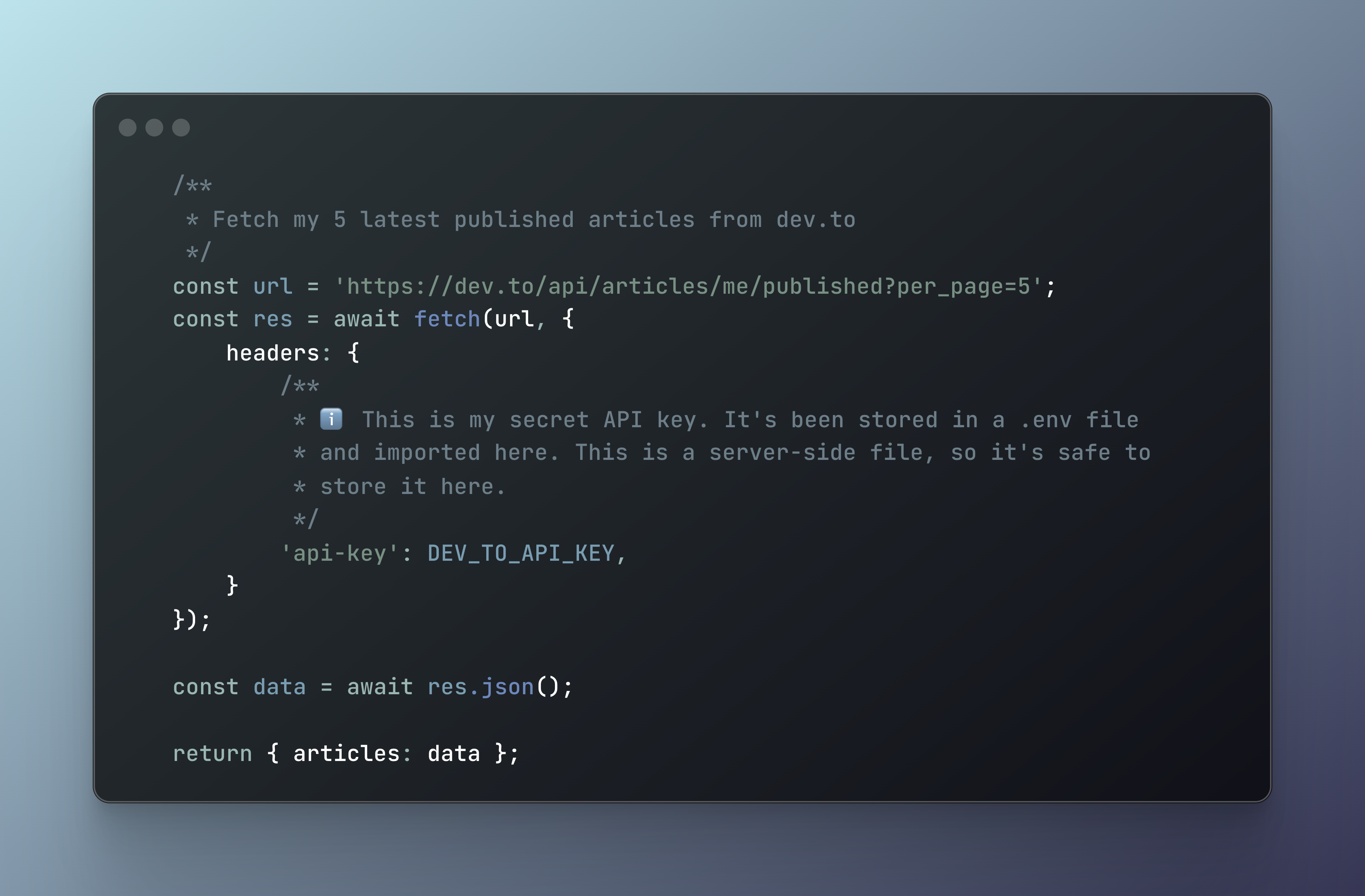 Code snippet showing how to fetch articles from the dev.to API on the server side using Node.js